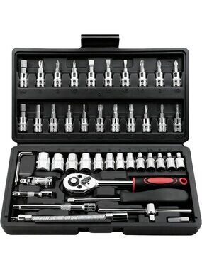 46-Piece Socket Wrench Set with Ratchet, Metric Bits & Extension Bar for Auto